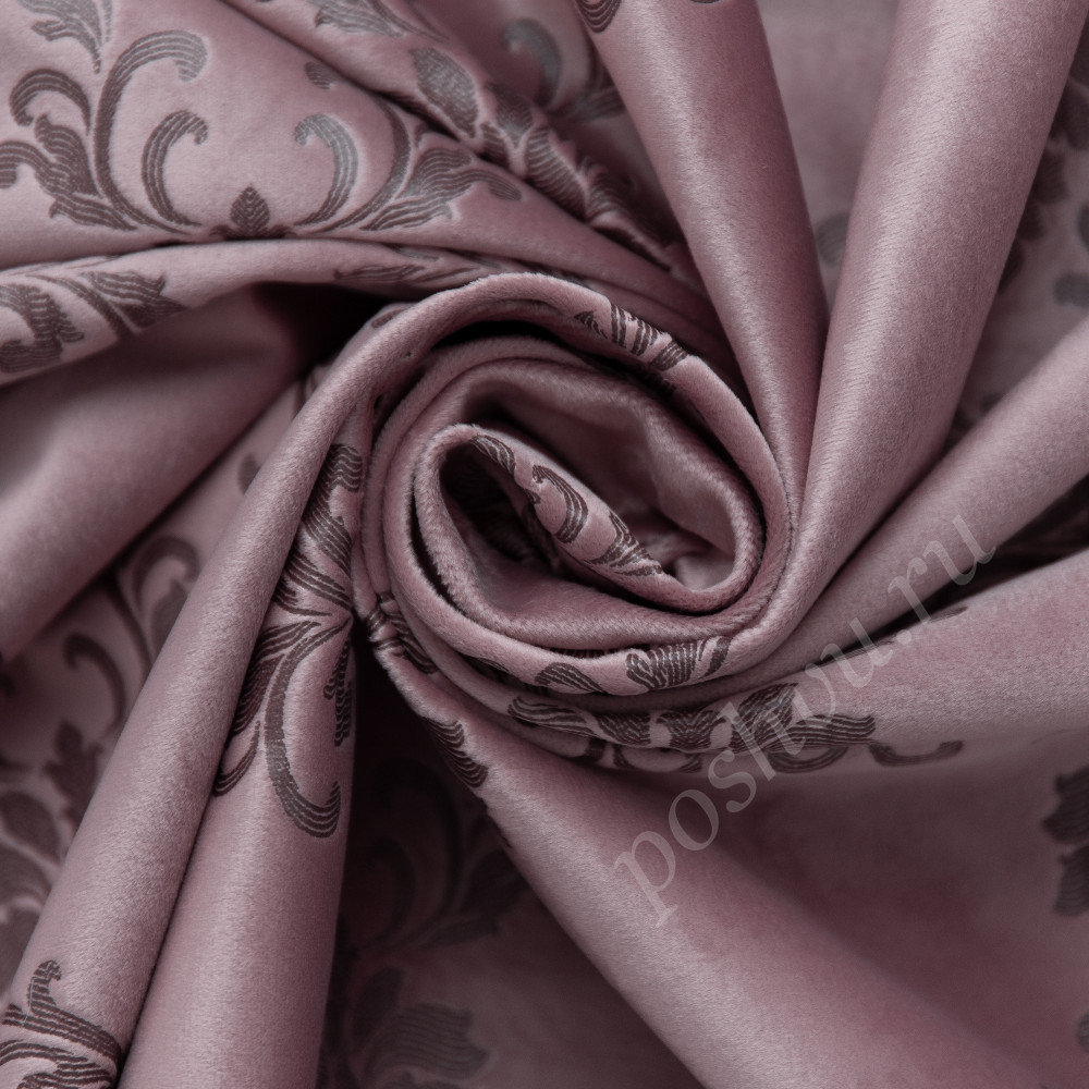 Портьерная ткань бархат FONTANA печатный дамасский узор на розовом фоне, выс.300см