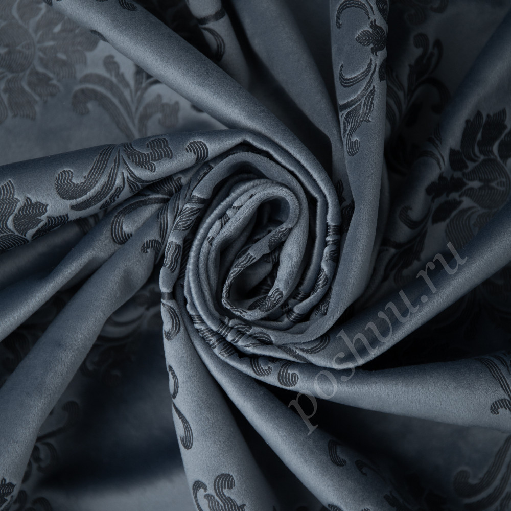 Портьерная ткань бархат FONTANA печатный дамасский узор на синем фоне, выс.300см