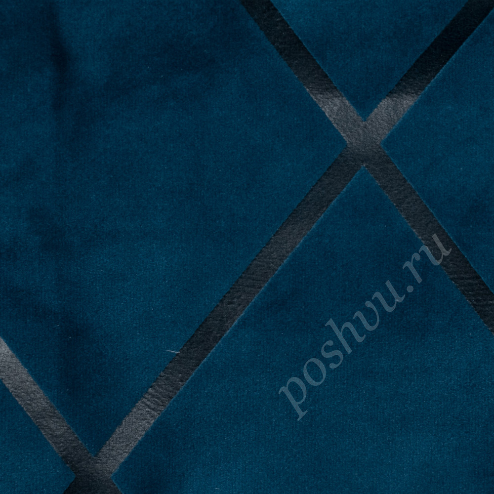 Портьерная ткань бархат GRECO печатные ромбы на синем фоне, выс.300см