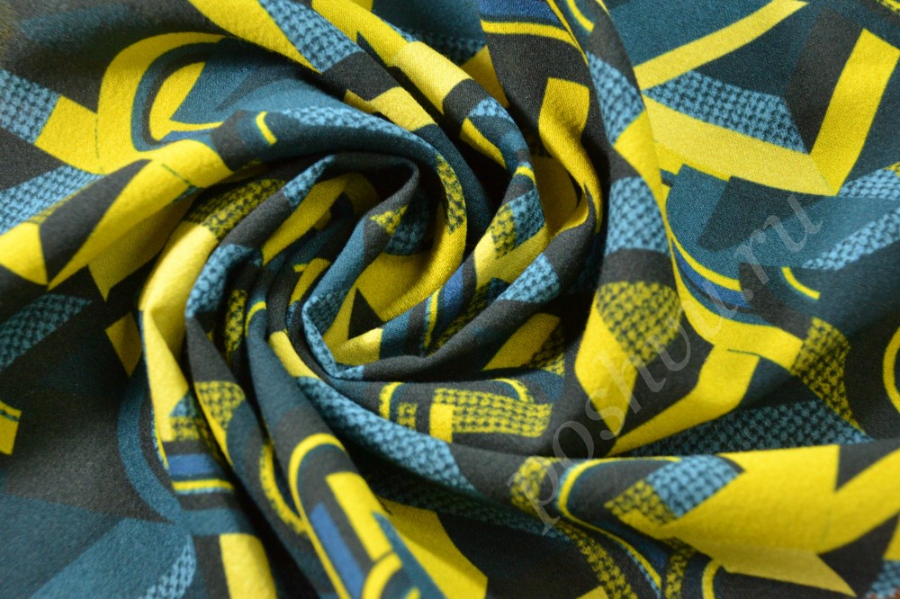 Ткань шелк с сине-желтым абстрактным рисунком