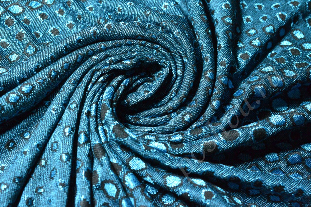 Ткань трикотаж синего оттенка в черные пятна