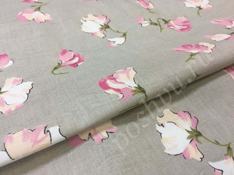 Полульняная ткань  с розовыми цветами