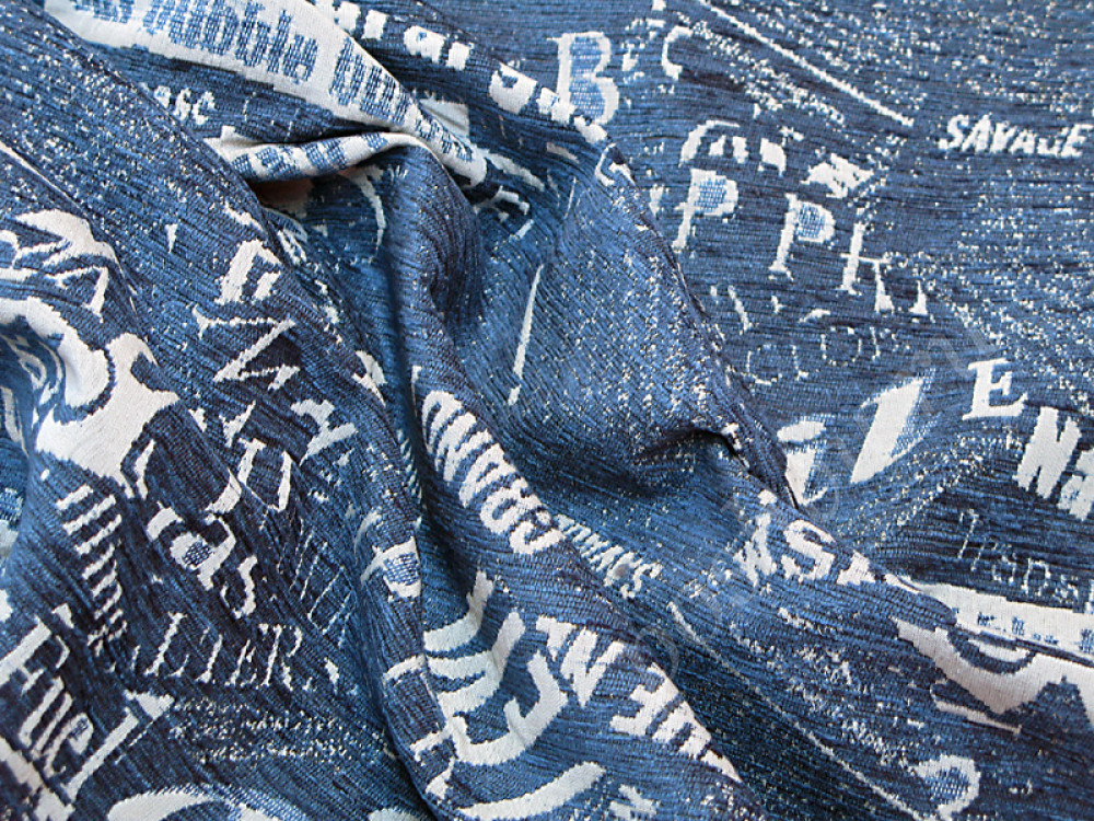 Шенилл ОЙЛ джинсового цвета с надписями 330г/м2