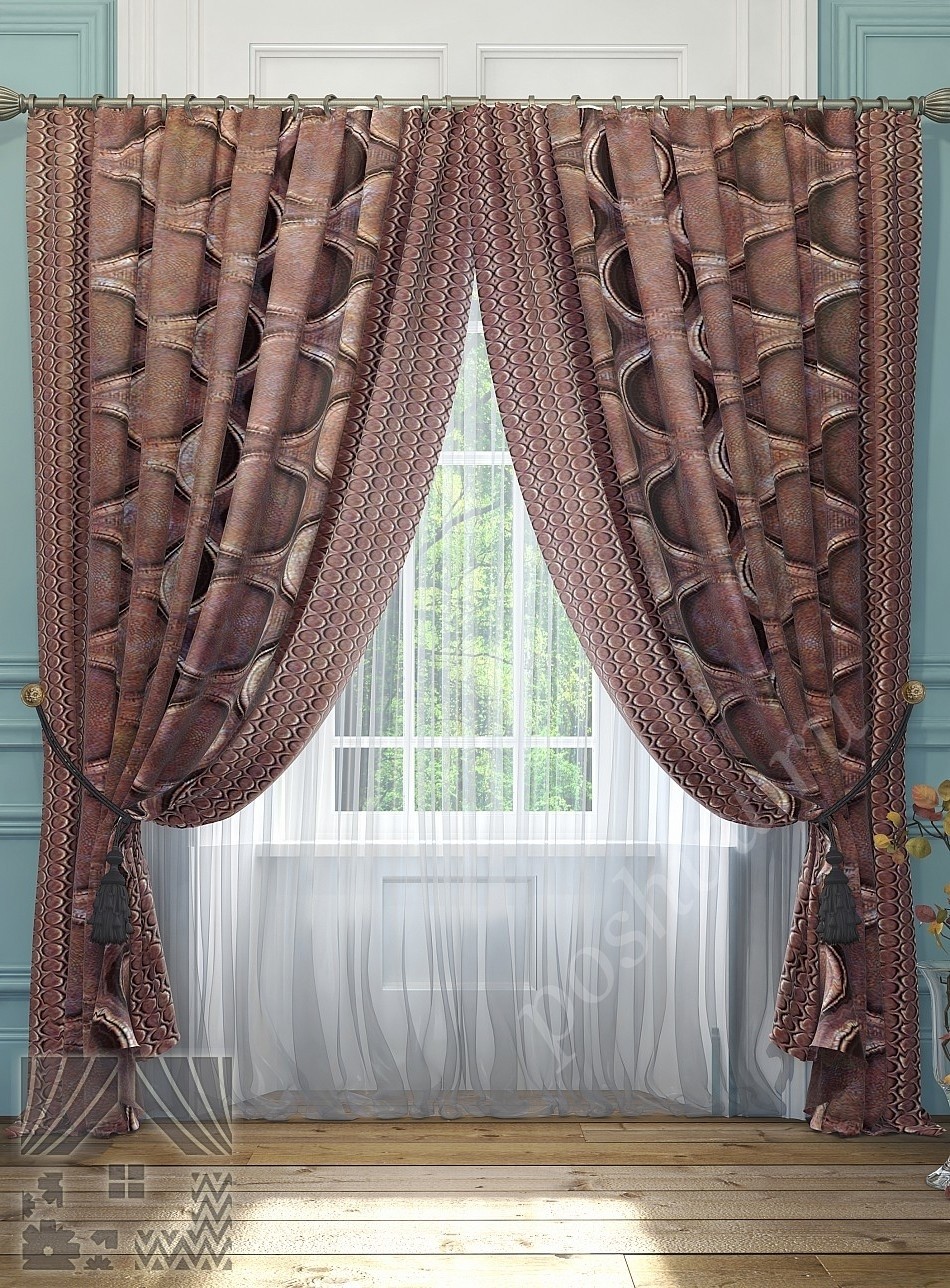 Стильный комплект штор в коричневых тонах с вуалью