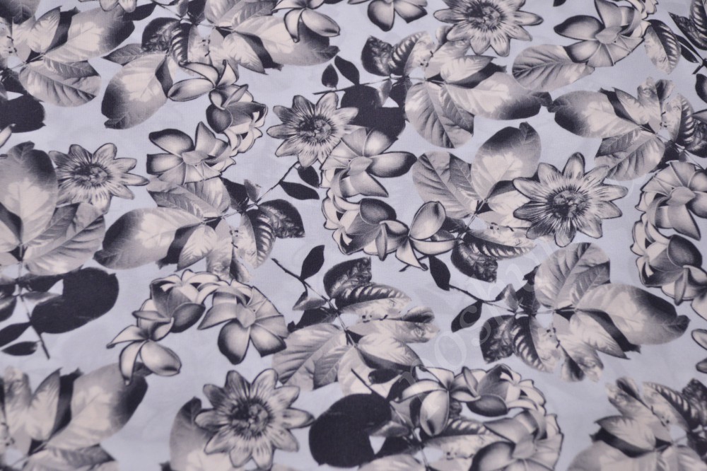 Ткань превосходный итальянский шелк стального серого цвета с цветочным принтом