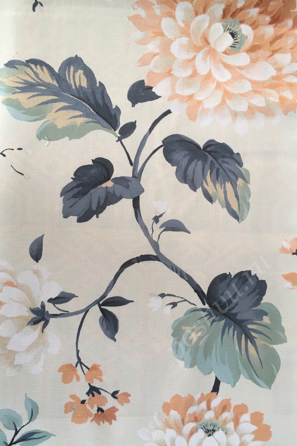 Портьерная ткань рогожка CINNIA оранжевые цветы с серыми листьями