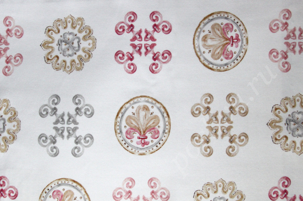 Портьерная ткань рогожка MEDINA орнамент в розово-бежевых тонах