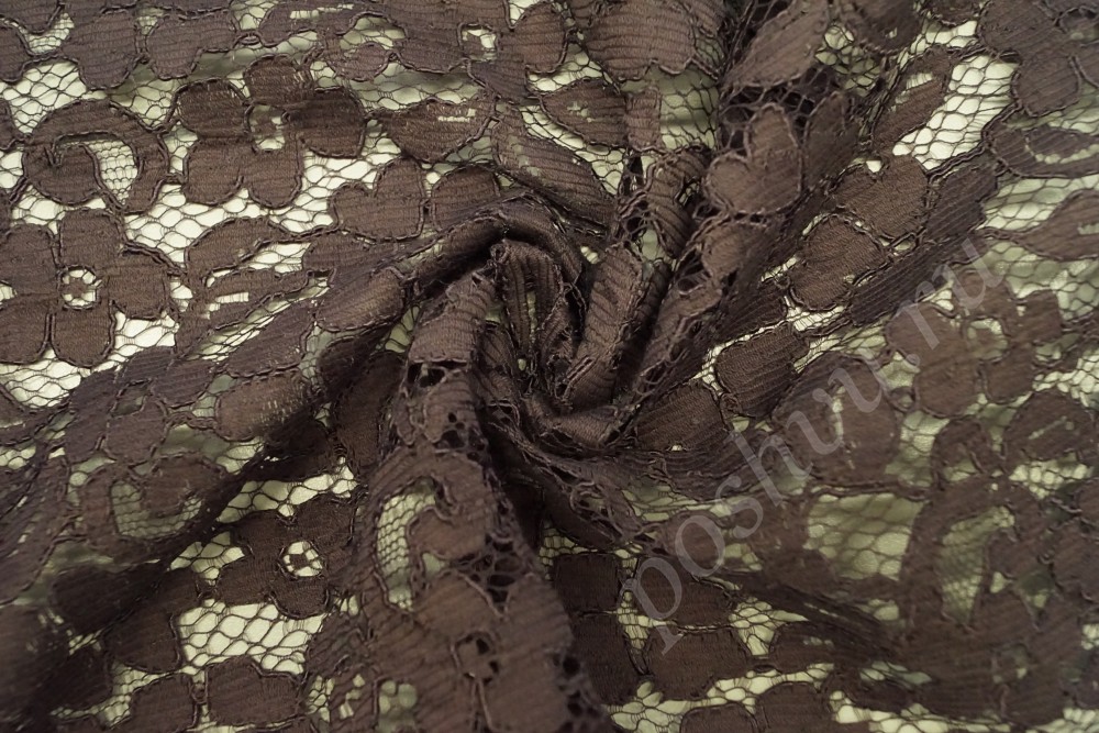 Ткань гипюр шоколадного оттенка с цветочным узором