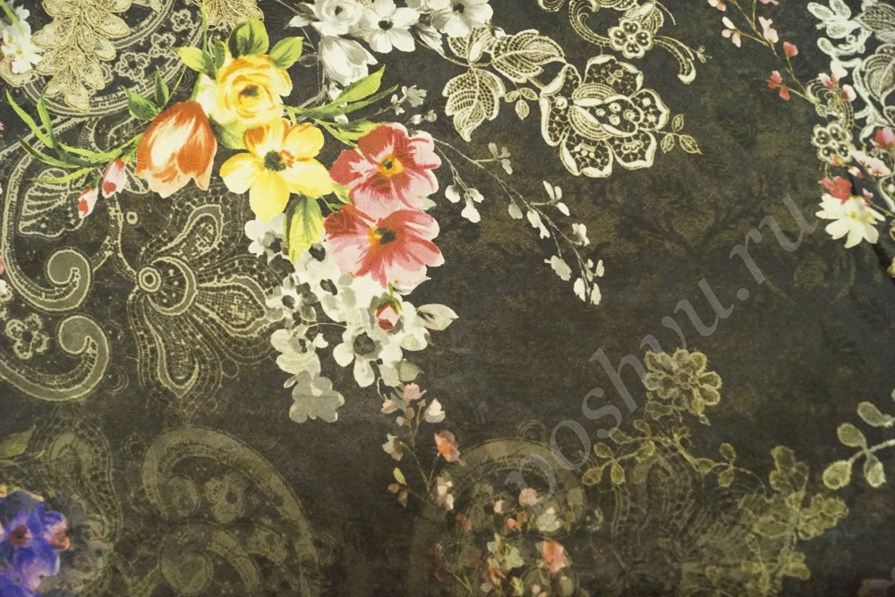 Жаккардовая ткань тёмно-серого оттенка с цветочным принтом