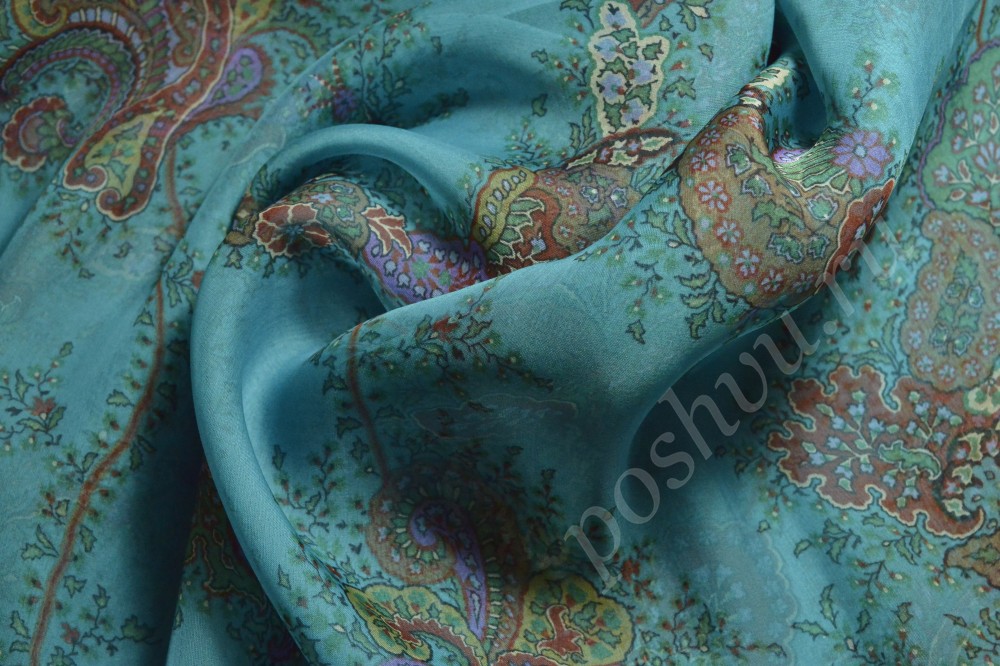 Шифоновая ткань бирюзового цвета с флористическим узором