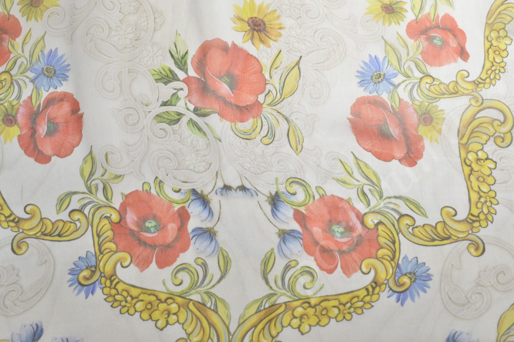 Шифоновая ткань белого цвета с цветочным рисунком