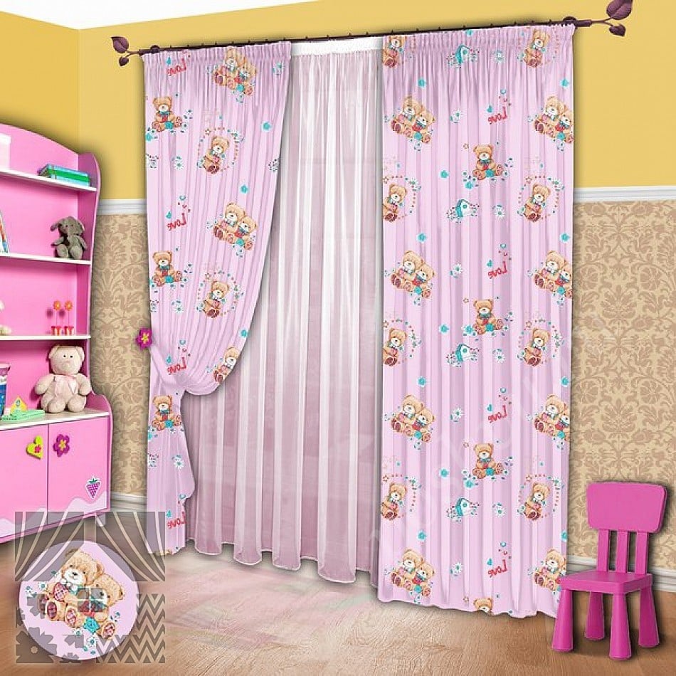 Розовый комплект штор для маленькой принцессы с тюлем в комплекте