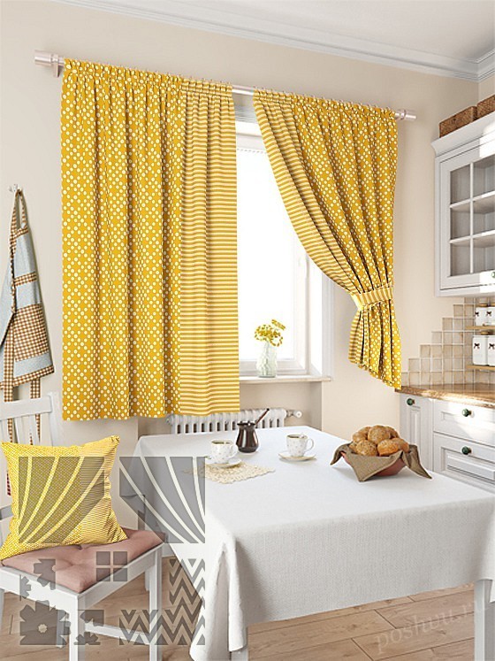 Креативный комплект желтых штор с белым геометрическим рисунком