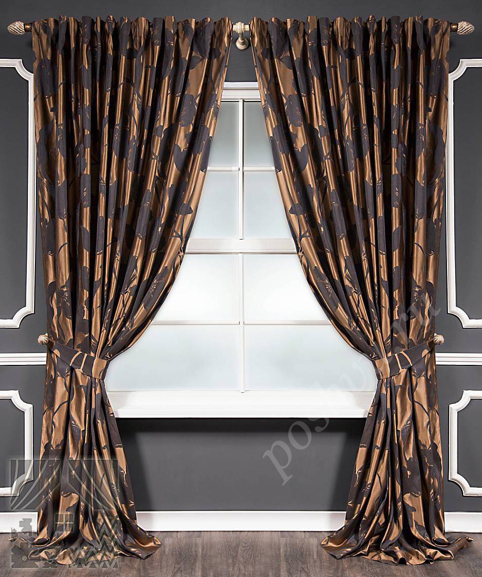 Эксклюзивный комплект готовых штор коричневого цвета с черным флористическим узором для гостиной