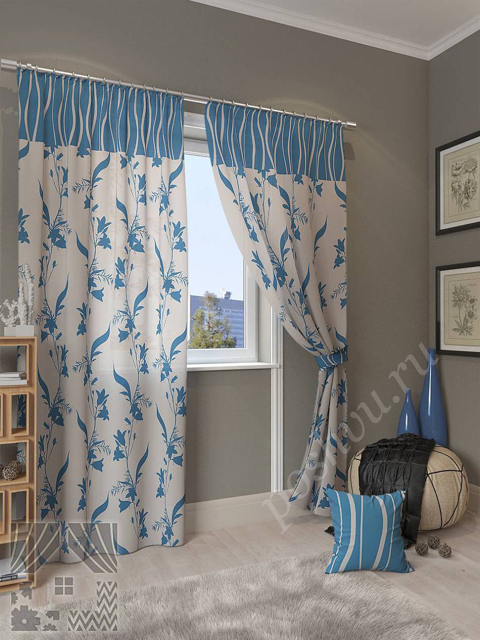 Изящный комплект готовых штор в бело-голубых тонах для гостиной или спальни
