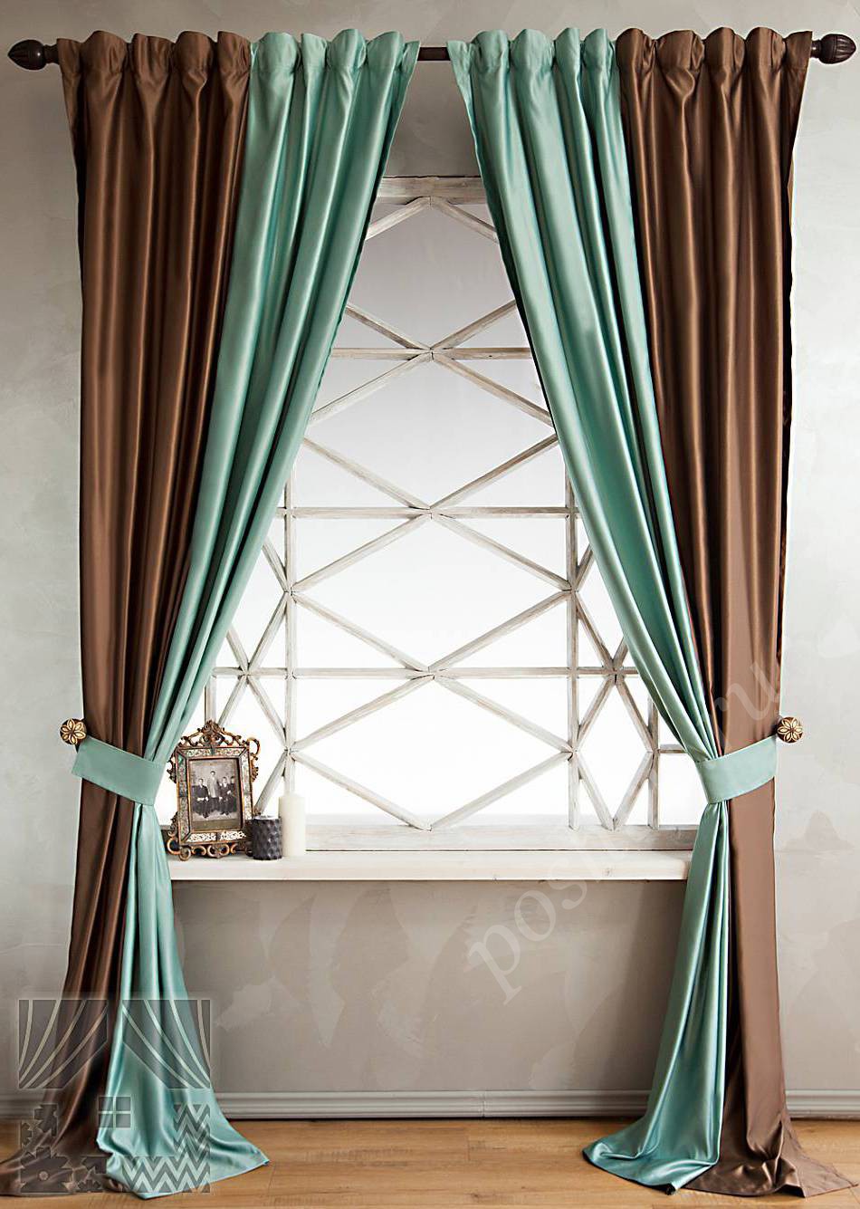 Изысканный комплект готовых штор в коричневых и бирюзовых цветах для гостиной или кабинета