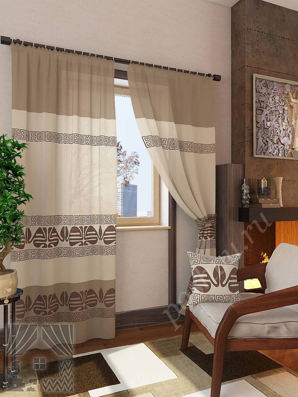 Комплект готовых штор бежего-коричневого цвета с этническим орнаментом для гостиной