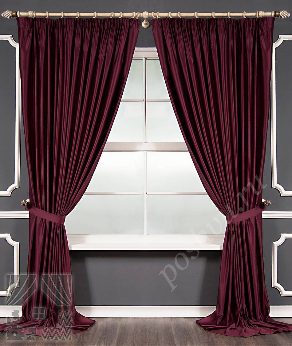 Комплект готовых штор цвета марсала с подхватами в тон для гостиной или спальни