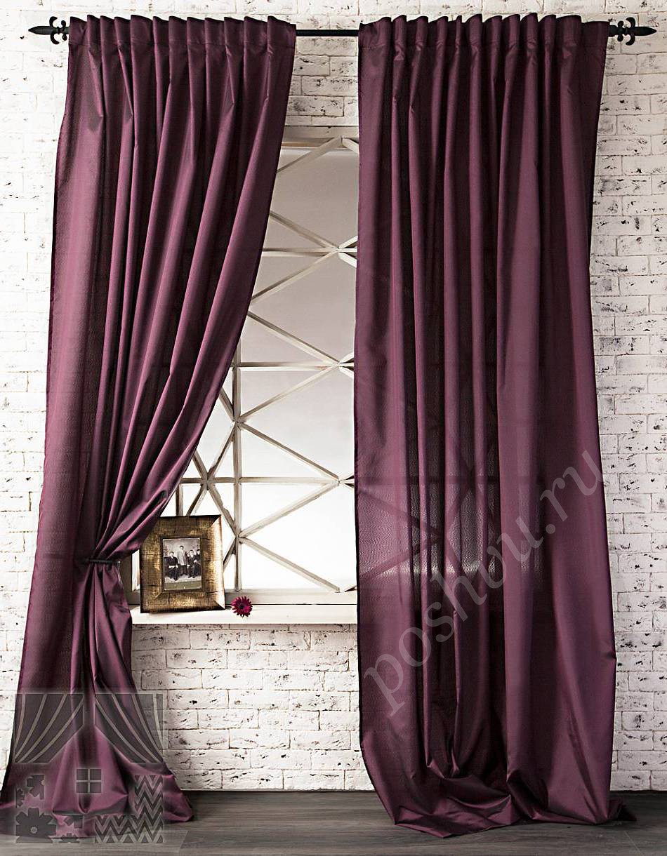 Комплект готовых штор с лаконичным дизайном сливового цвета для гостиной или кабинета