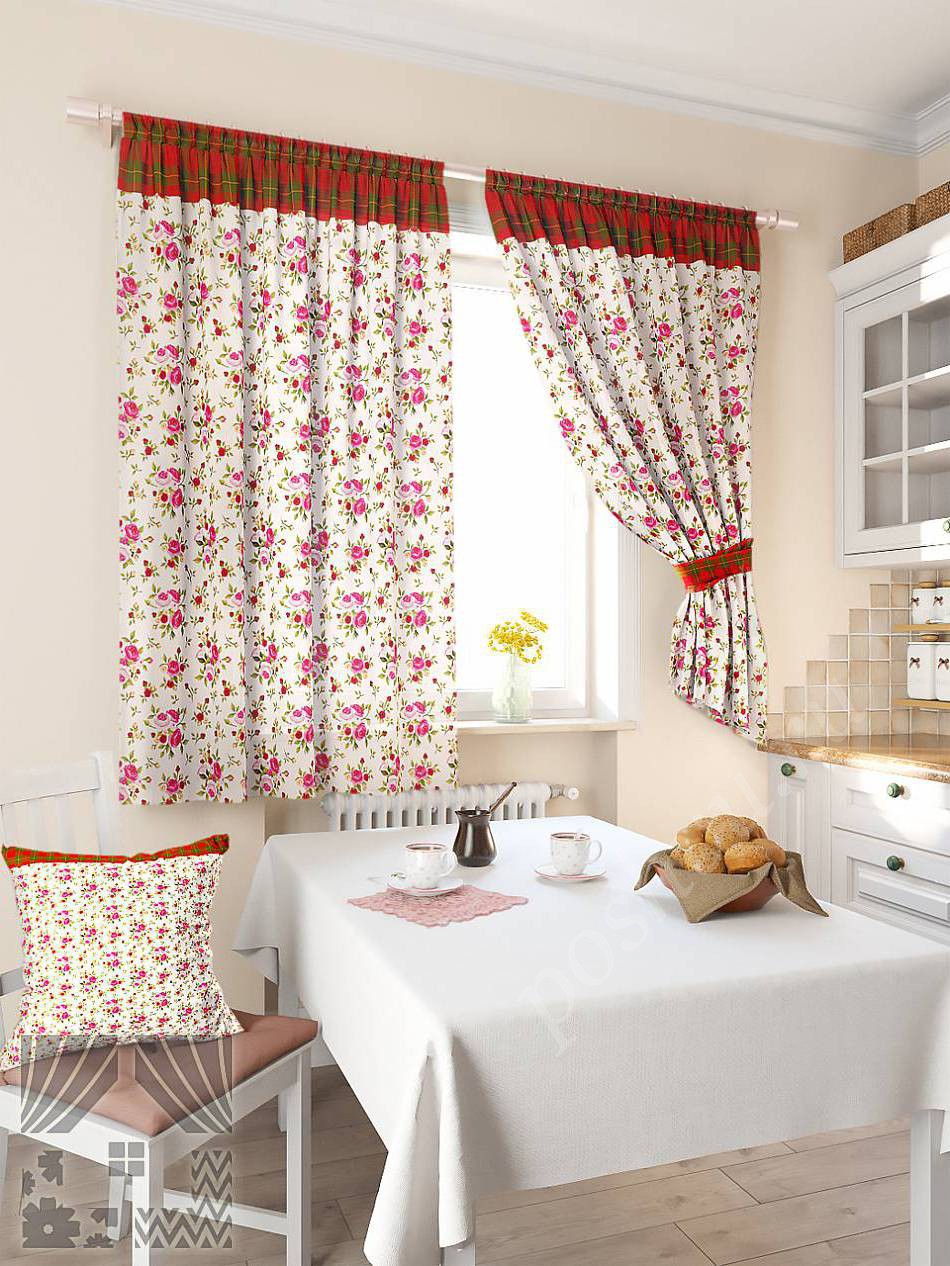 Нежный комплект готовых штор с цветочным рисунком и клетчатой отделкой для кухни