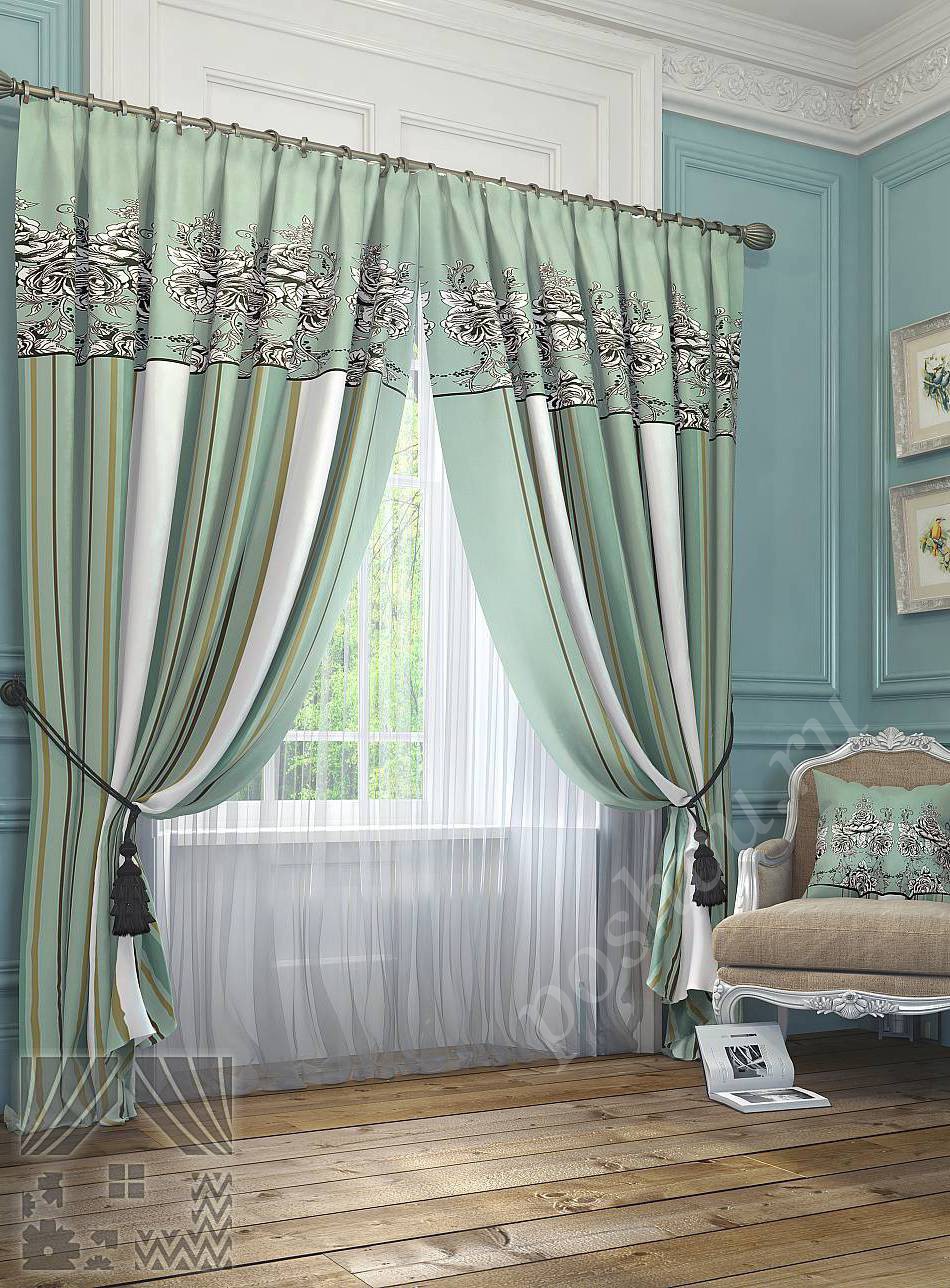 Шикарный комплект готовых штор в зеленых тонах с необычным принтом для спальни или гостиной