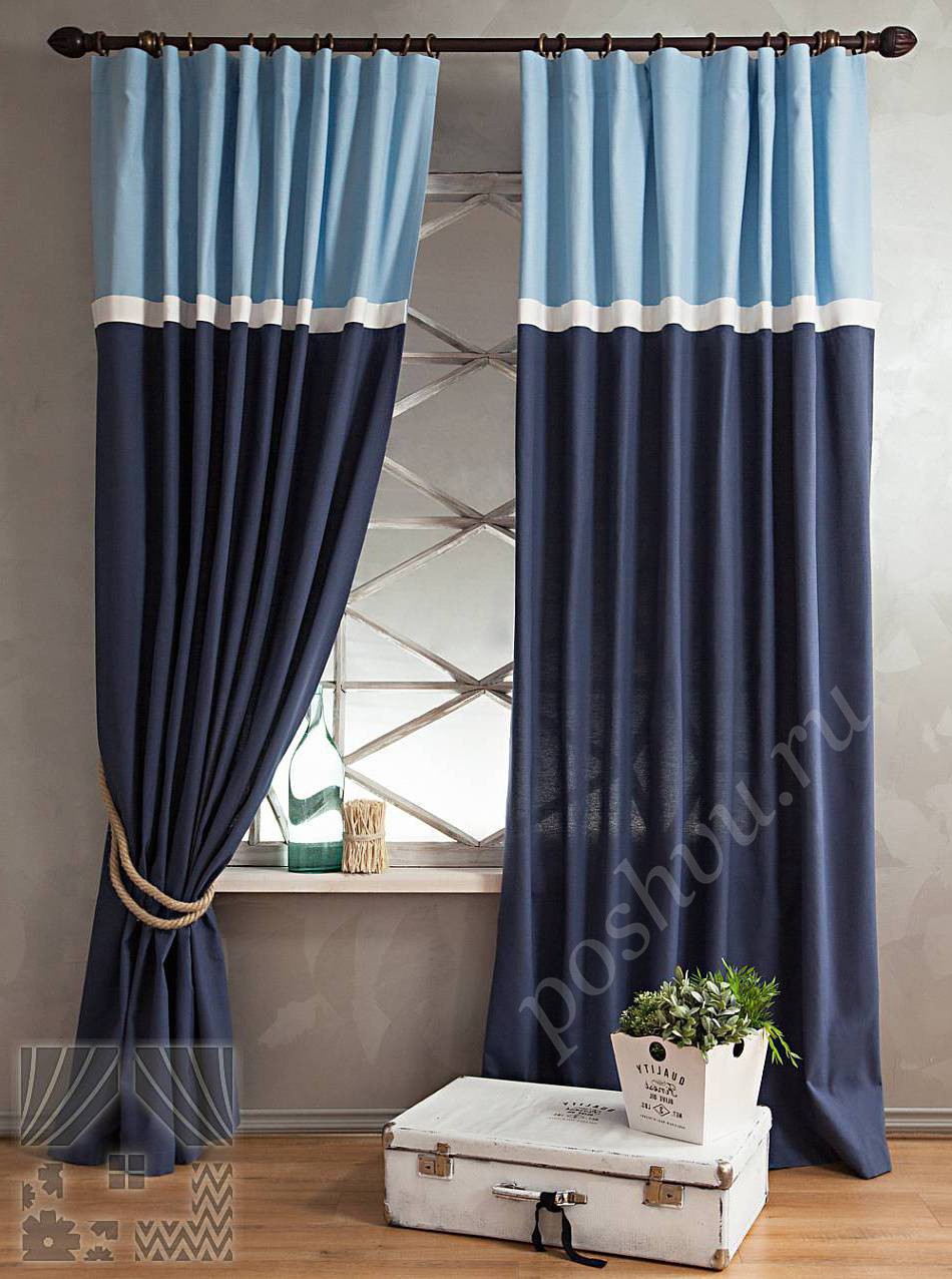 Спокойный комплект готовых штор в синих тонах для гостиной или кабинета