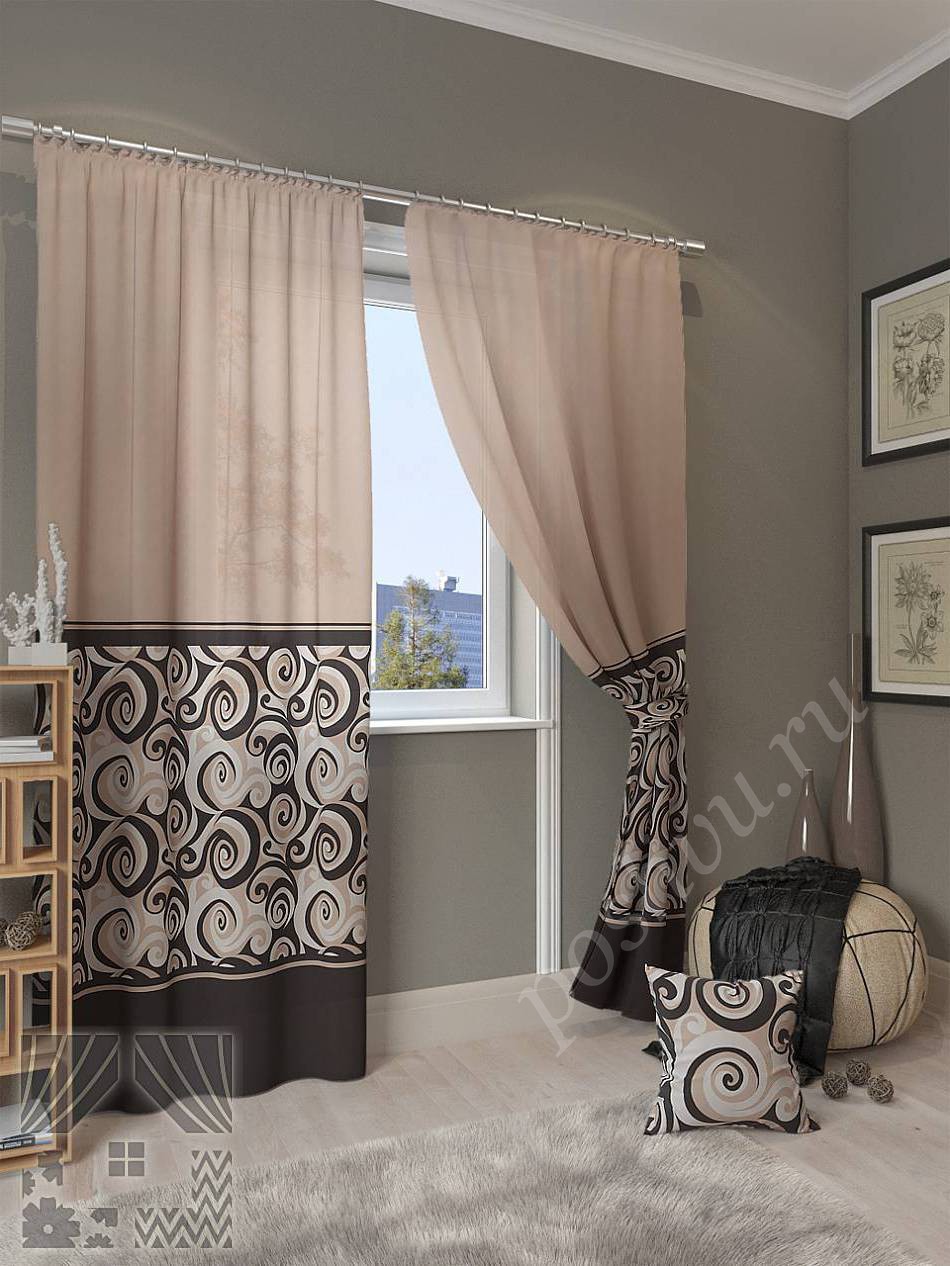 Стильный комплект готовых штор с абстрактным узором для гостиной или кабинета