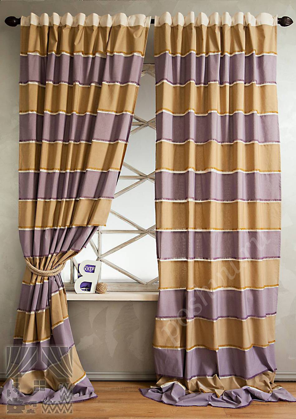Стильный комплект готовых штор с горизонтальную полоску для гостиной или кабинета