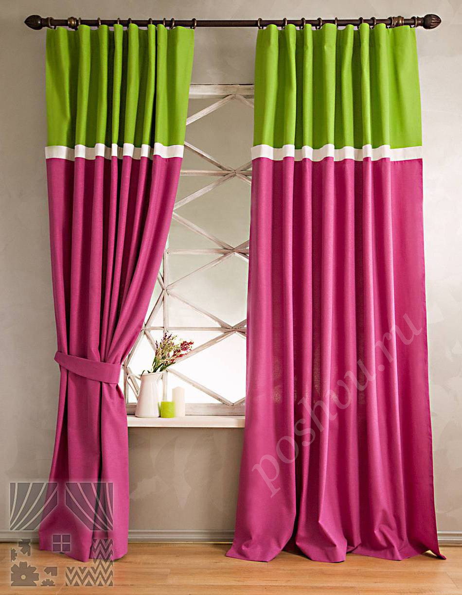 Яркий комплект готовых штор ярко-розового и зеленого цветов для детской или гостиной
