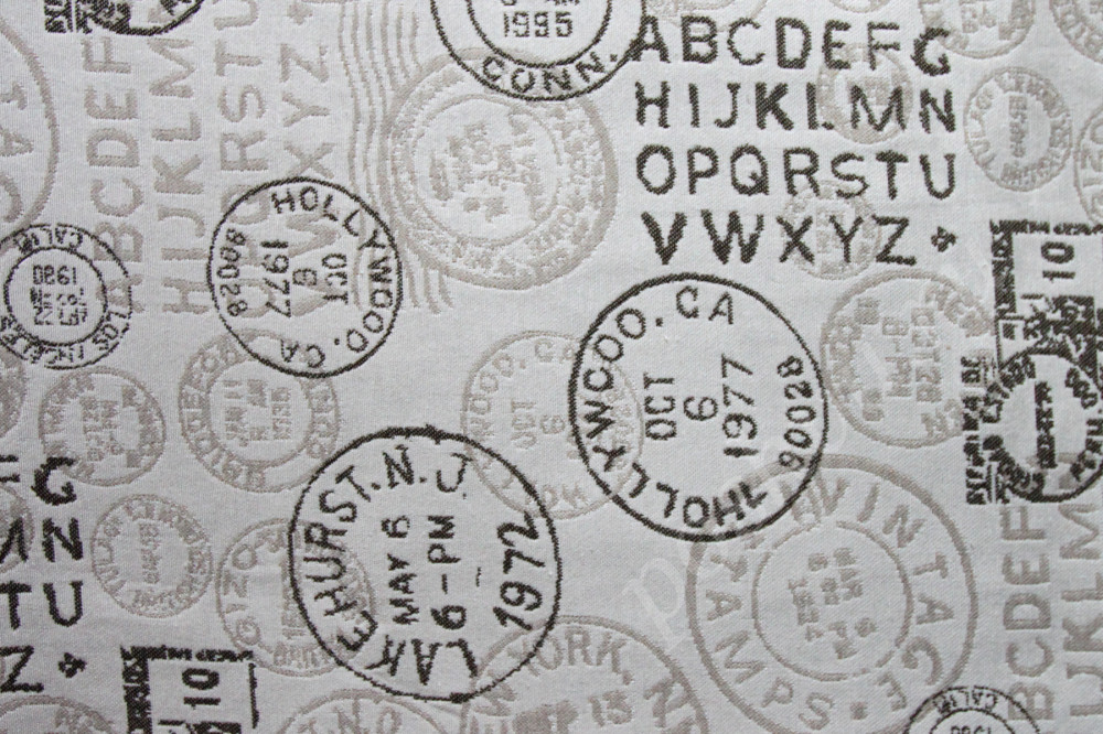 Мебельная ткань гобелен TRAVEL надписи и почтовые штампы в бежевых тонах (раппорт 69х35см)