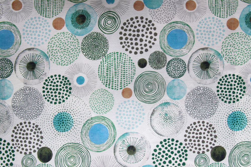 Мебельная ткань OUTDOOR TROPICANA графический принт шаров в зеленоватом цвете (раппорт 30х20см)