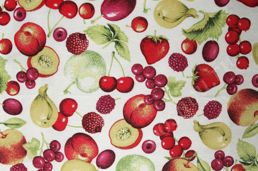 Ткань для штор MULTIFRUTAS фрукты и ягоды на светло-сером фоне