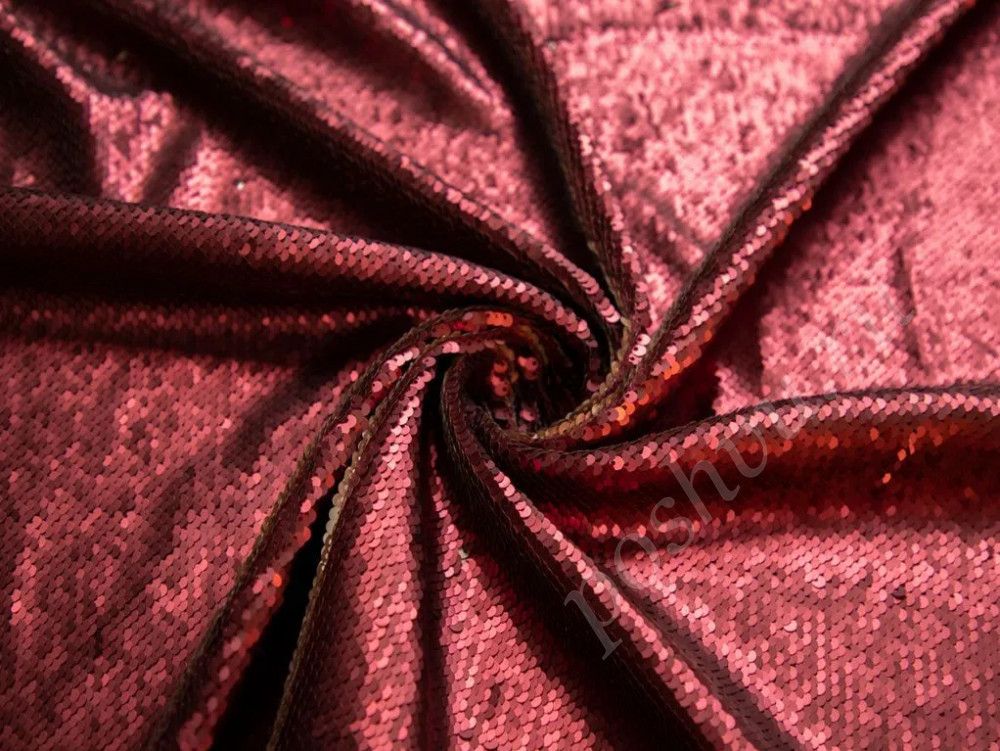 Плательная ткань красно-бронзового цвета с пайетками перевертышами (604г/м2)
