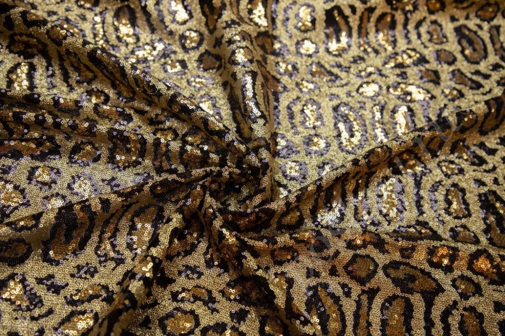 Плательная ткань с пайетками черно-золотого цвета, принт "Леопард"(262г/м2)