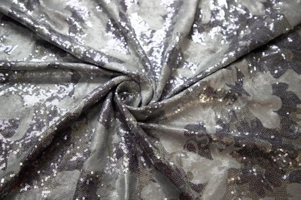 Плательная ткань с пайетками серебристого цвета, принт "Цветы"(368г/м2)