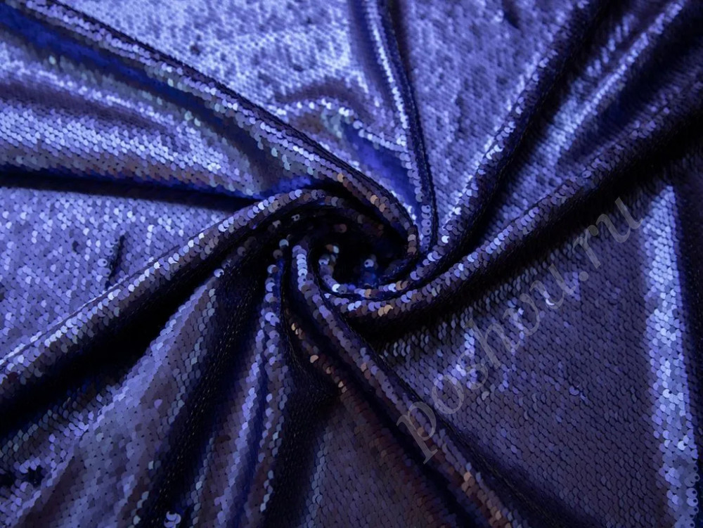 Плательная ткань синего цвета с пайетками перевертышами (604г/м2)