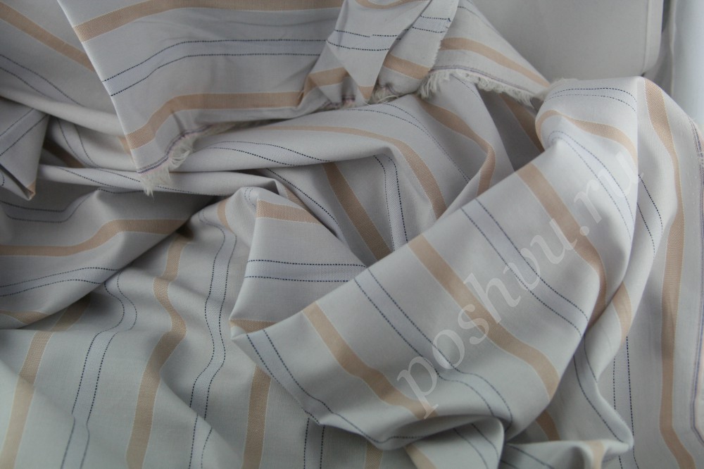 Хлопковая ткань серо-белая в черные и бежевые полосы Стиль