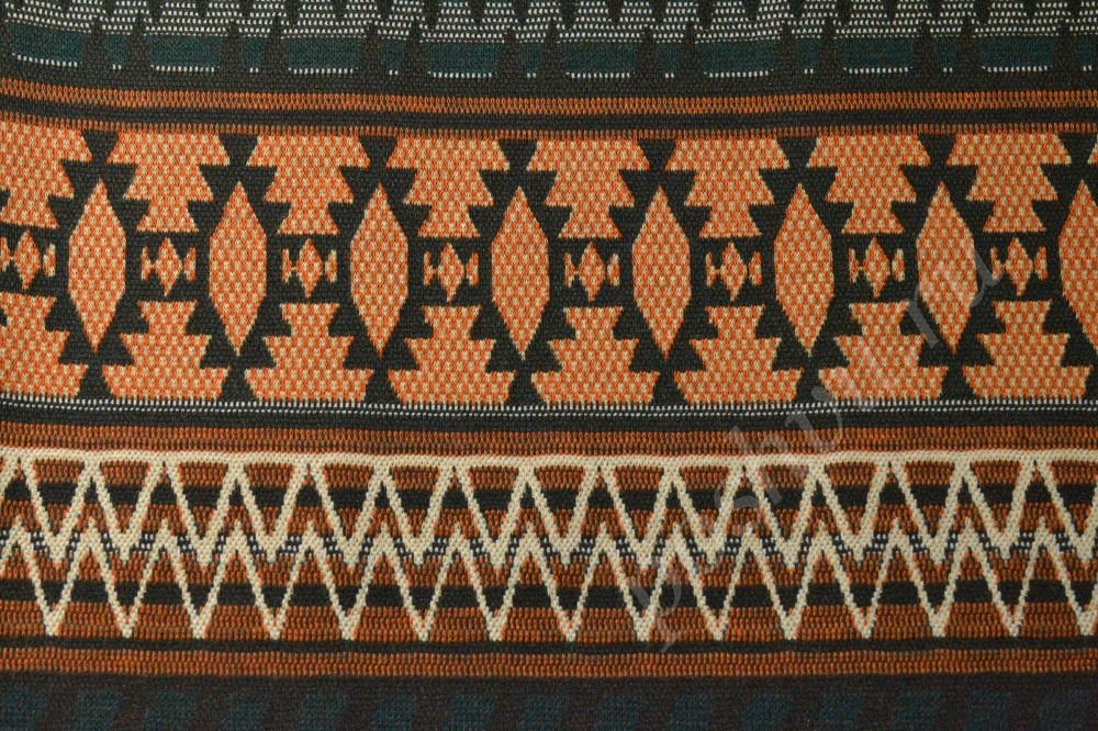Ткань трикотаж жаккардовый с орнаментом черного, белого и оранжевого цвета