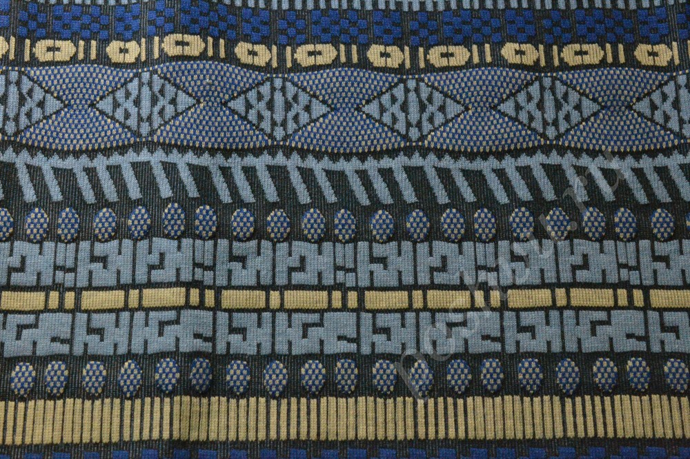 Ткань трикотаж жаккардовый с орнаментом в синем черном и бежевом цвете