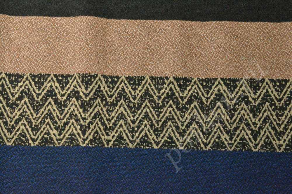 Ткань трикотаж жаккардовый с орнаментом синего, коричневого и черного цвета