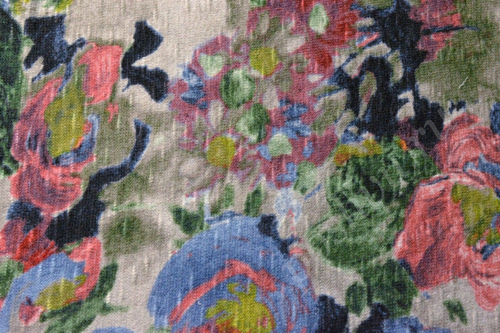 Трикотажная ткань серого цвета с цветочным ярким принтом