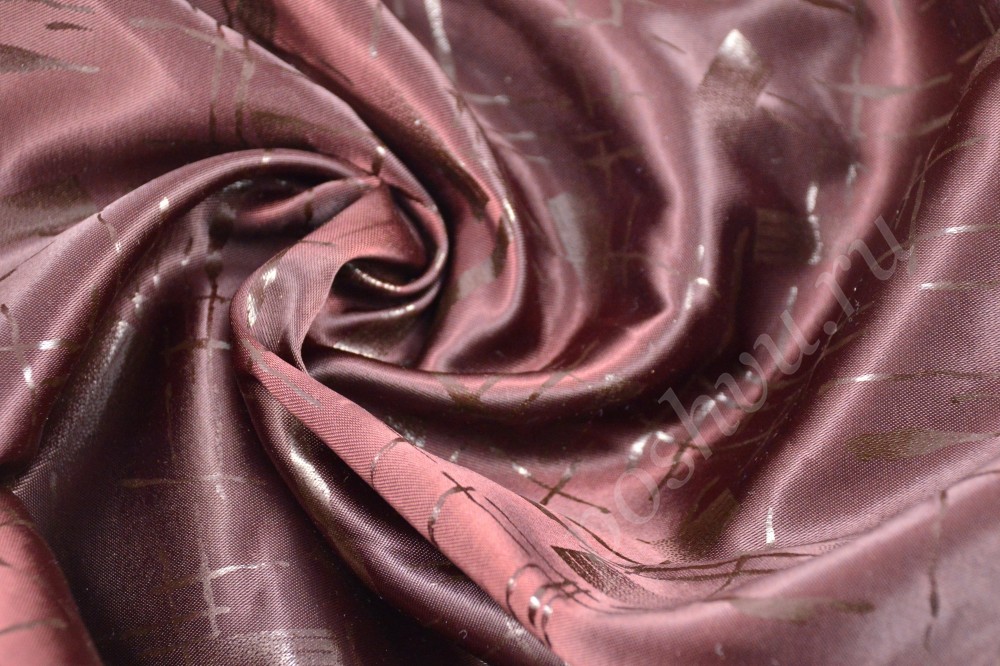 Ткань атлас набивной винного оттенка с абстрактным узором
