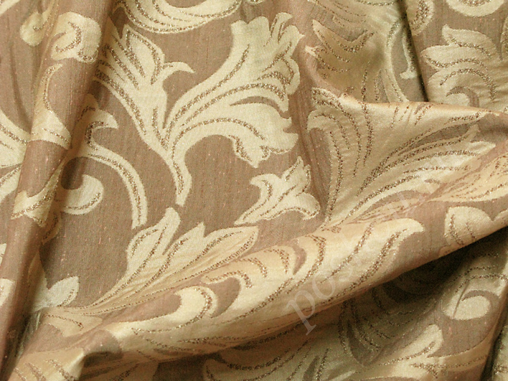Портьерный жаккард SL 3652 орнамент из листьев на светло-коричневом фоне