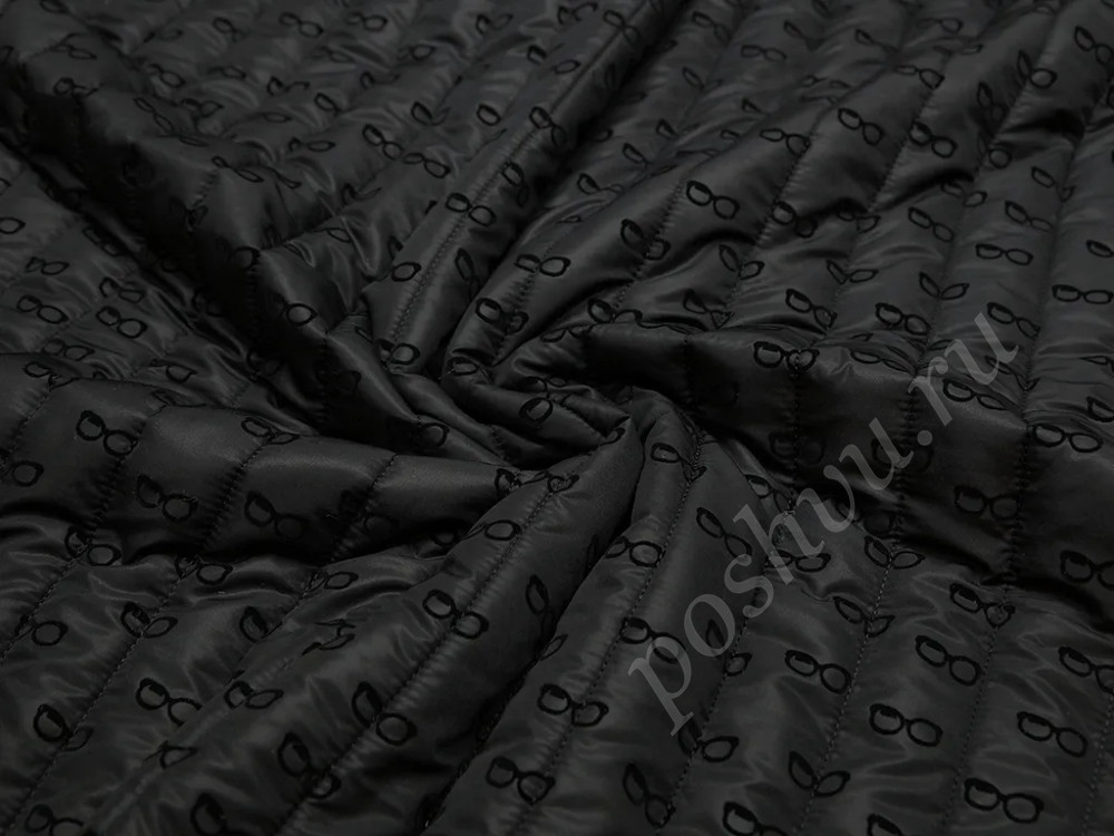 Курточная двухсторонняя стеганая ткань черного цвета с рисунком "Очки"
