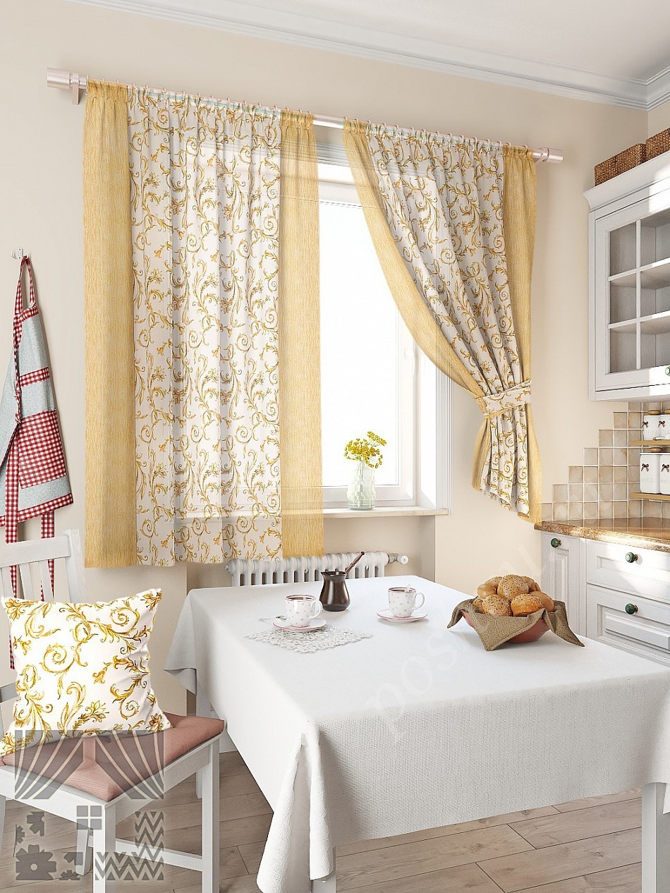 Комплект штор для кухни в золотистых тонах с классическим флористическим узором и подхватами в тон