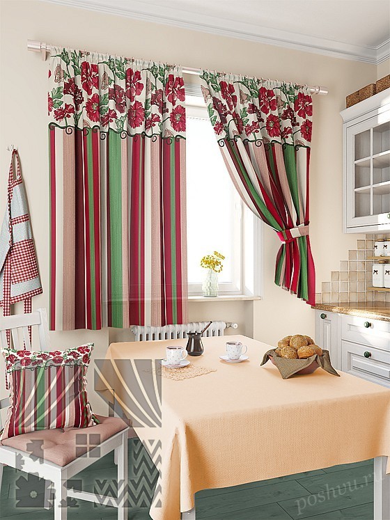 Красочный комплект готовых полосатых штор для кухни с флористическим принтом
