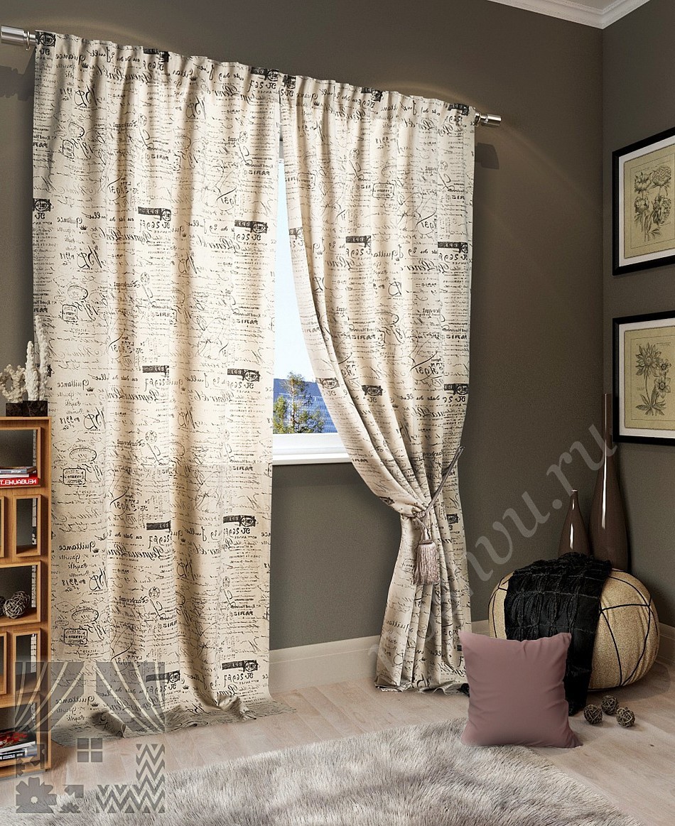 Модный комплект контрастных готовых штор с  деликатным принтом для кабинета или гостиной
