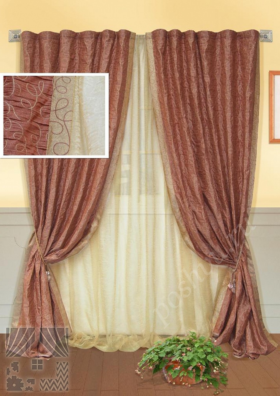 Роскошный комплект готовых штор терракотового цвета с отделкой и бежевым тюлем для гостиной или спальни