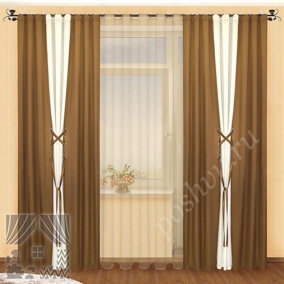 Шикарный комплект готовых штор шоколадного цвета с бежевой вставкой и тюлем-компаньоном для гостиной