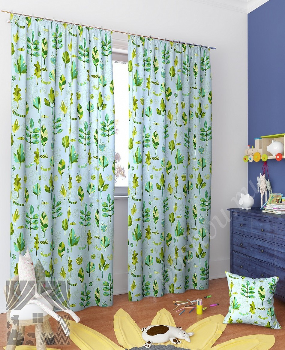 Современный комплект штор для детской комнаты в голубых и зеленых тонах с милым принтом